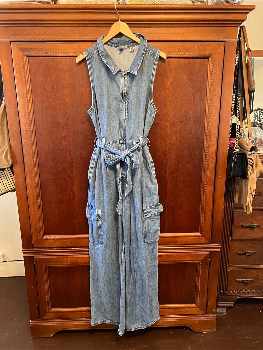 Universal Thread Light Blue Denim Sleeveless Jumpsuit with Waist Tie - Picture 1 of 6